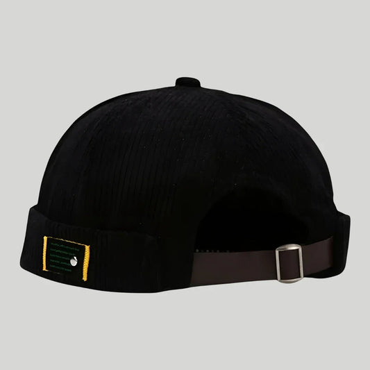 Bonnet Docker Mixte Noir Velours Côtelé Sangle Cuir