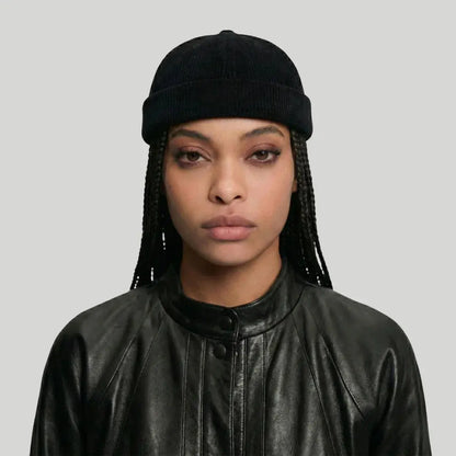 Bonnet Docker Mixte Noir Velours Côtelé Sangle Cuir Maison Shelby