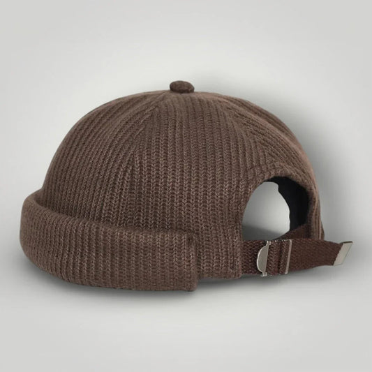 Bonnet Docker Mixte Taupe Maille Côtelée Sangle Ajustable