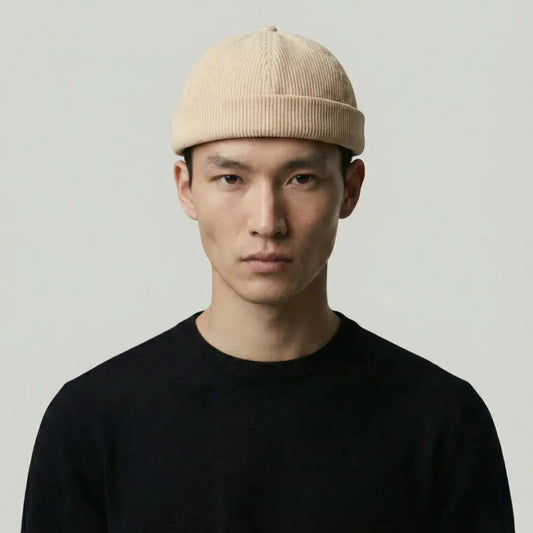 Bonnet Docker Velours Côtelé Beige Homme Femme – Patch & Boucle Maison Shelby