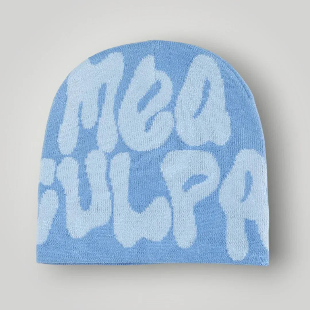 Bonnet Jacquard Mixte Bleu Ciel Inscription Mea Culpa Blanc
