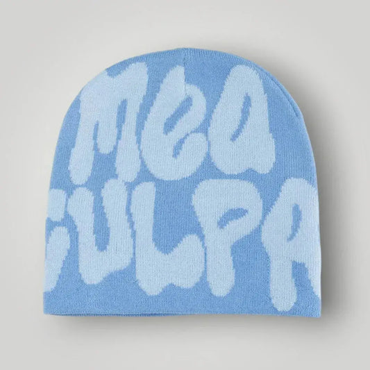 Bonnet Jacquard Mixte Bleu Ciel Inscription Mea Culpa Blanc Maison Shelby
