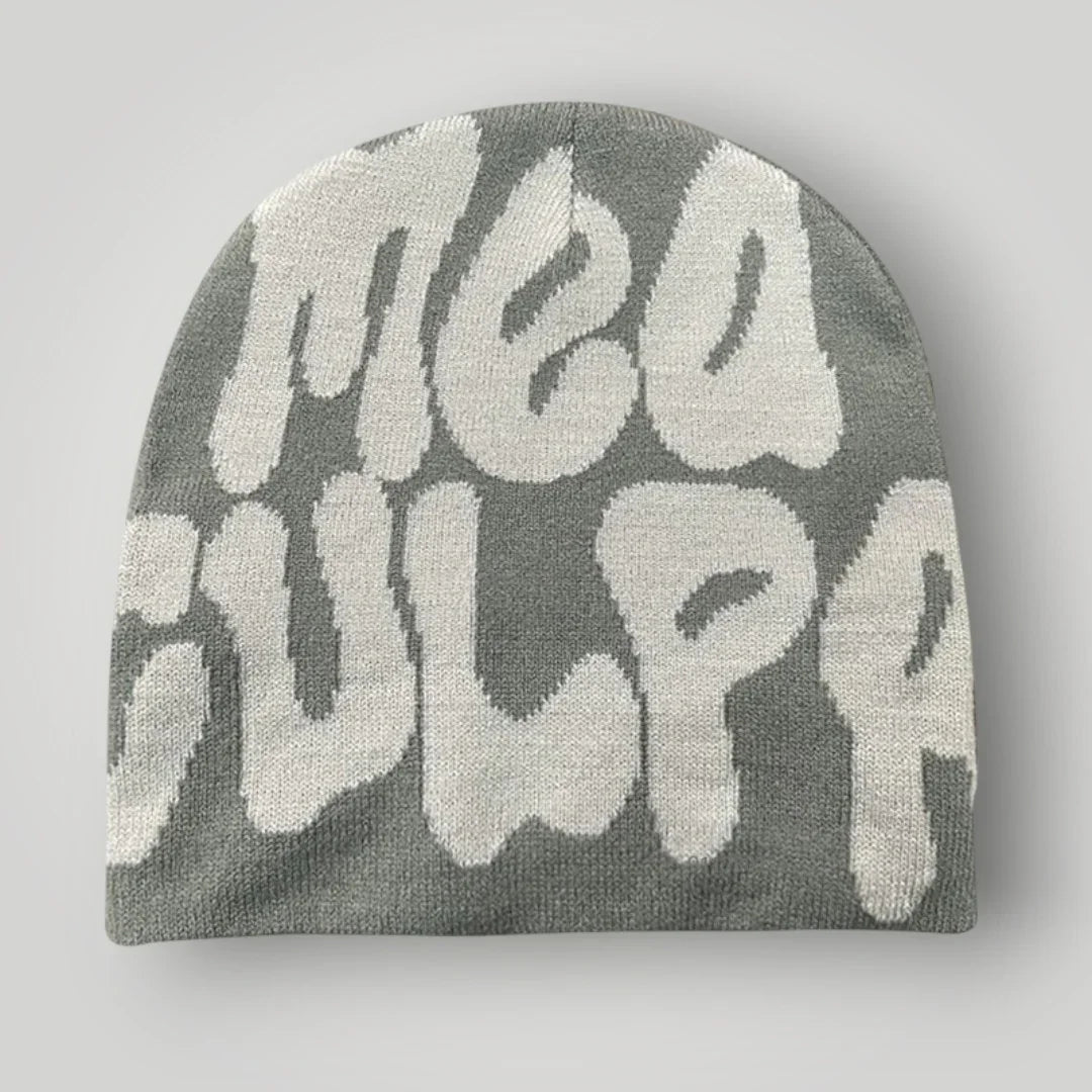 Bonnet Jacquard Mixte Gris Ciment Inscription Mea Culpa Crème