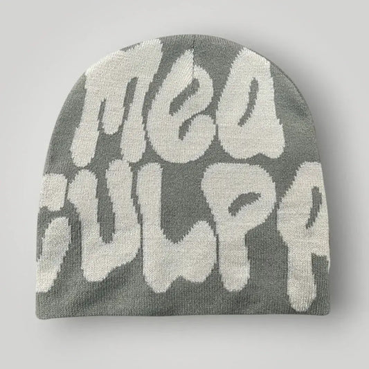 Bonnet Jacquard Mixte Gris Ciment Inscription Mea Culpa Crème Maison Shelby