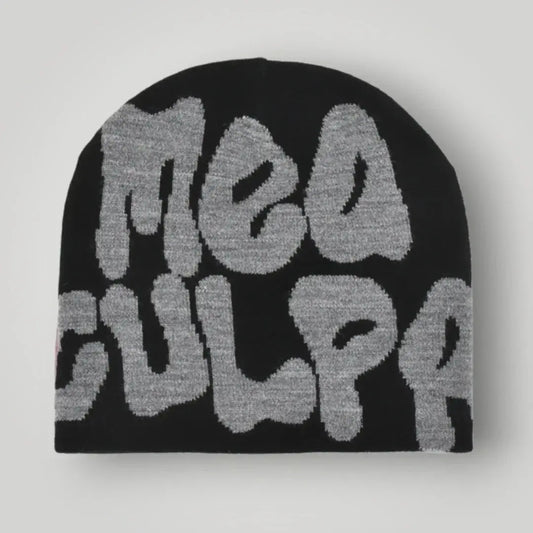Bonnet Jacquard Mixte Noir Inscription Mea Culpa Gris Maison Shelby