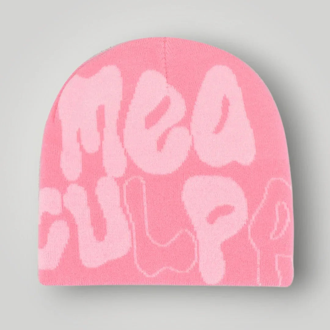 Bonnet Jacquard Mixte Rose Bonbon Inscription Mea Culpa