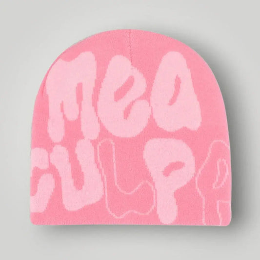 Bonnet Jacquard Mixte Rose Bonbon Inscription Mea Culpa Maison Shelby