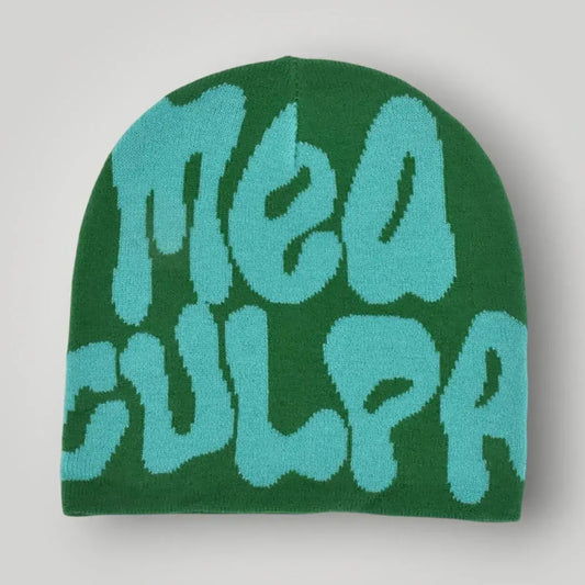Bonnet Jacquard Mixte Vert Sapin Inscription Mea Culpa Maison Shelby