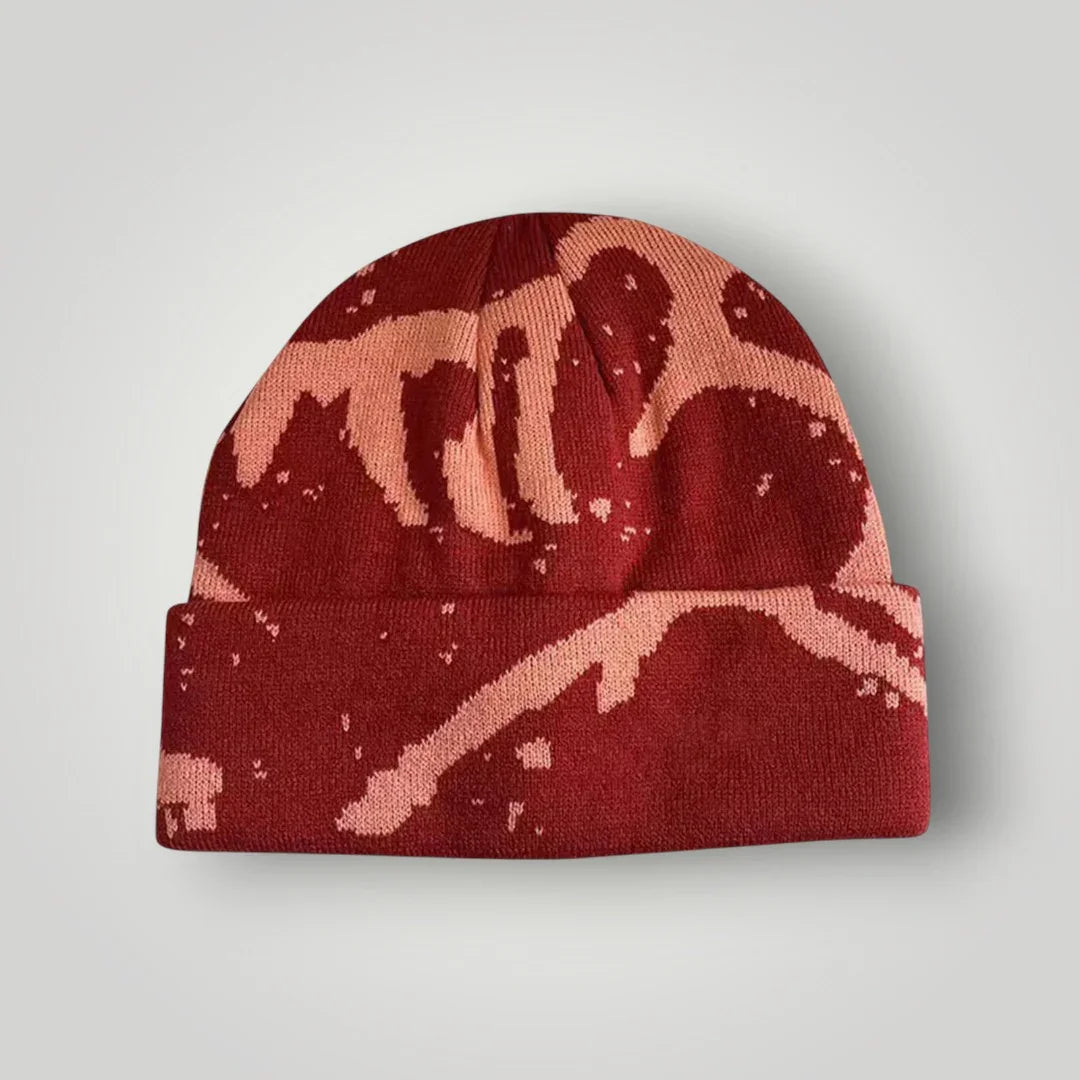 Bonnet Streetwear Mixte Bordeaux Motif Marbré Crème