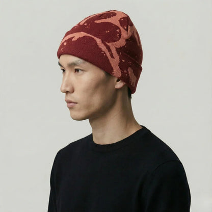 Bonnet Streetwear Mixte Bordeaux Motif Marbré Crème