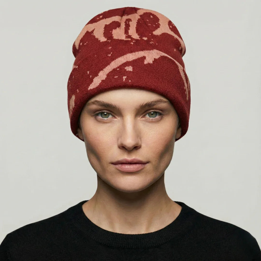 Bonnet Streetwear Mixte Bordeaux Motif Marbré Crème