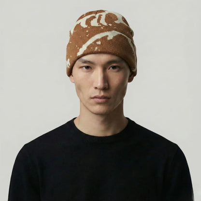 Bonnet Streetwear Mixte Camel Motif Marbré Crème