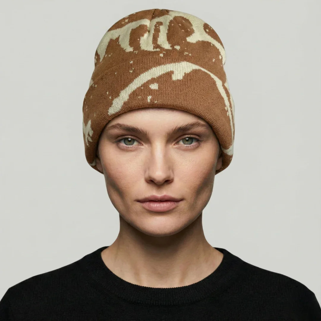 Bonnet Streetwear Mixte Camel Motif Marbré Crème