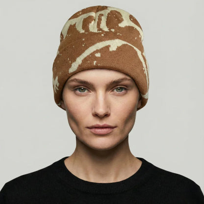 Bonnet Streetwear Mixte Camel Motif Marbré Crème