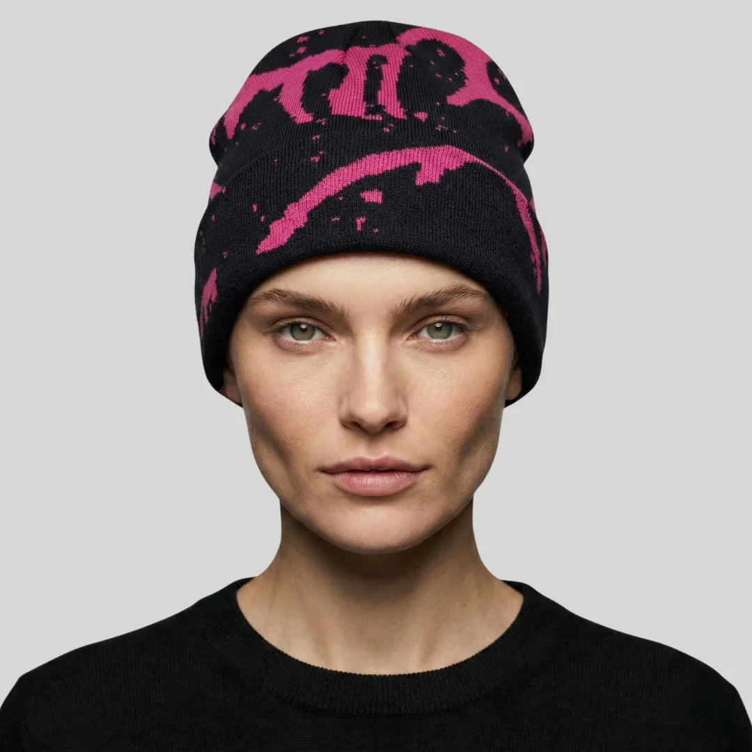Bonnet Streetwear Mixte Noir Graffiti Rose Fluo