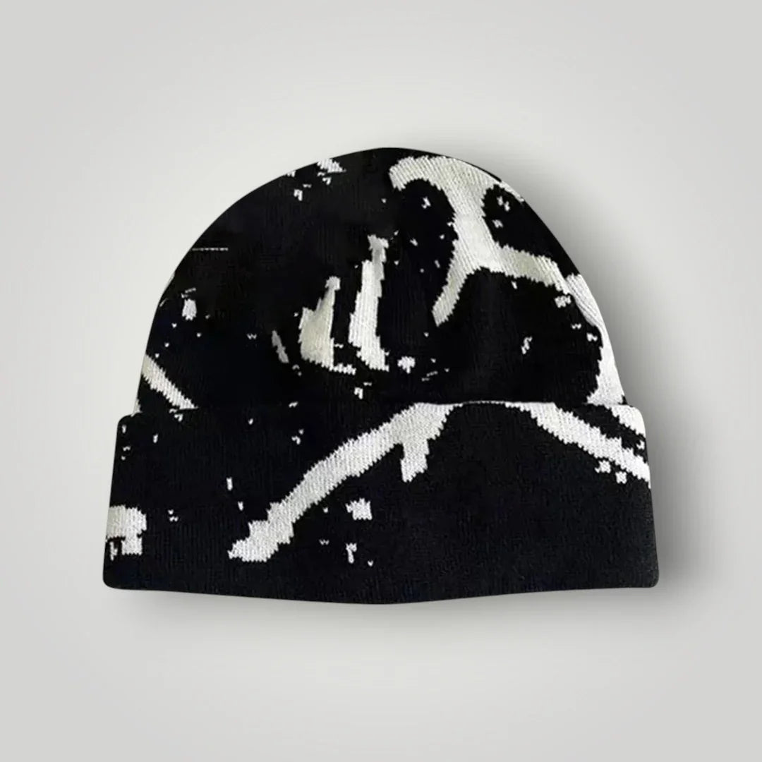 Bonnet Streetwear Mixte Noir Motif Éclaboussures Blanc