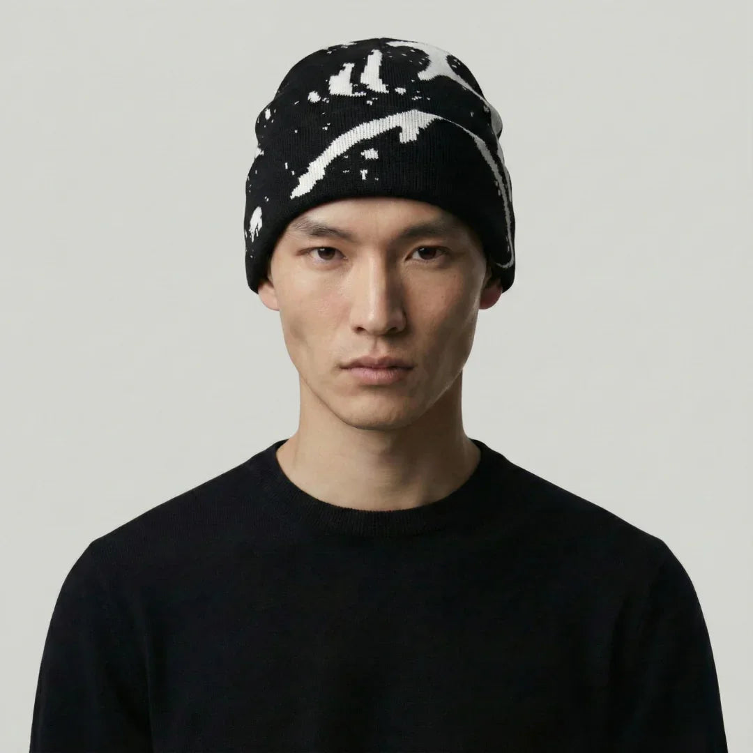 Bonnet Streetwear Mixte Noir Motif Éclaboussures Blanc