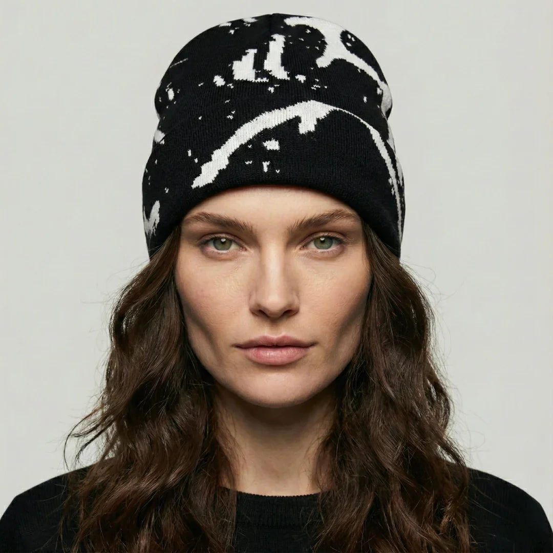 Bonnet Streetwear Mixte Noir Motif Éclaboussures Blanc