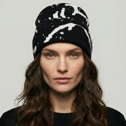 Bonnet Streetwear Mixte Noir Motif Éclaboussures Blanc