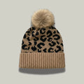 Bonnet Tricot Femme Camel Imprimé Léopard Pompon Fourrure