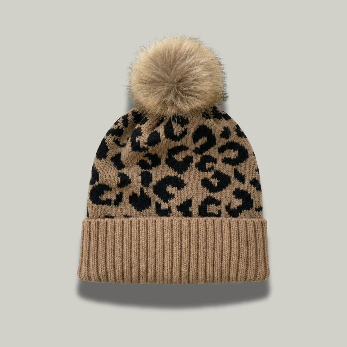 Bonnet Tricot Femme Camel Imprimé Léopard Pompon Fourrure