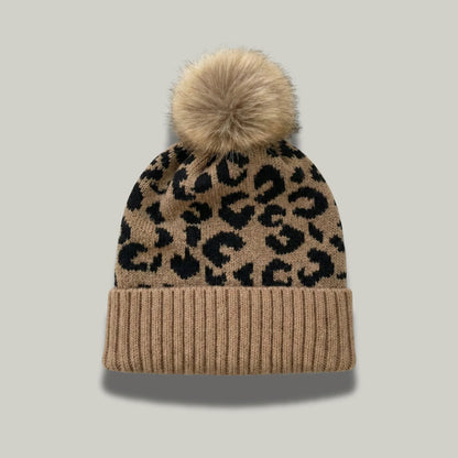 Bonnet Tricot Femme Camel Imprimé Léopard Pompon Fourrure