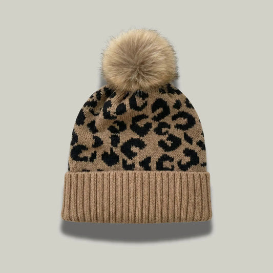 Bonnet Tricot Femme Camel Imprimé Léopard Pompon Fourrure Maison Shelby