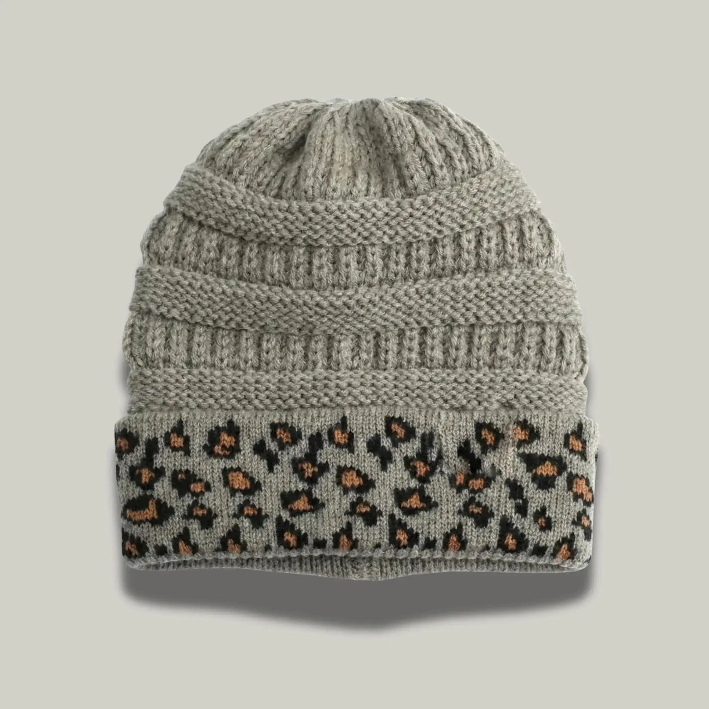 Bonnet Tricot Femme Gris Chiné Revers Imprimé Léopard Maison Shelby