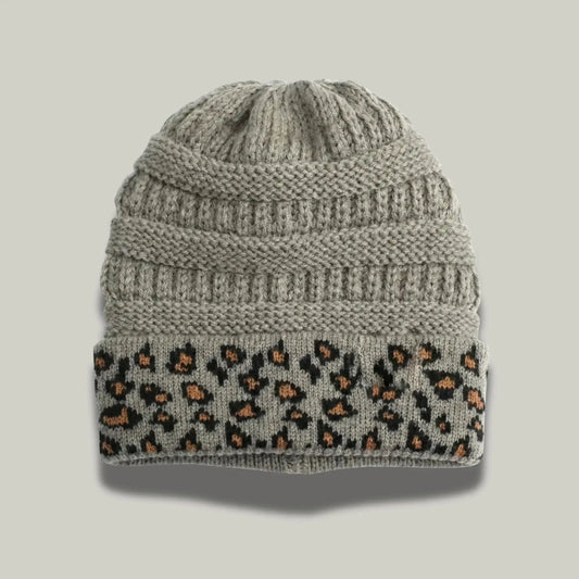 Bonnet Tricot Femme Gris Chiné Revers Imprimé Léopard Maison Shelby