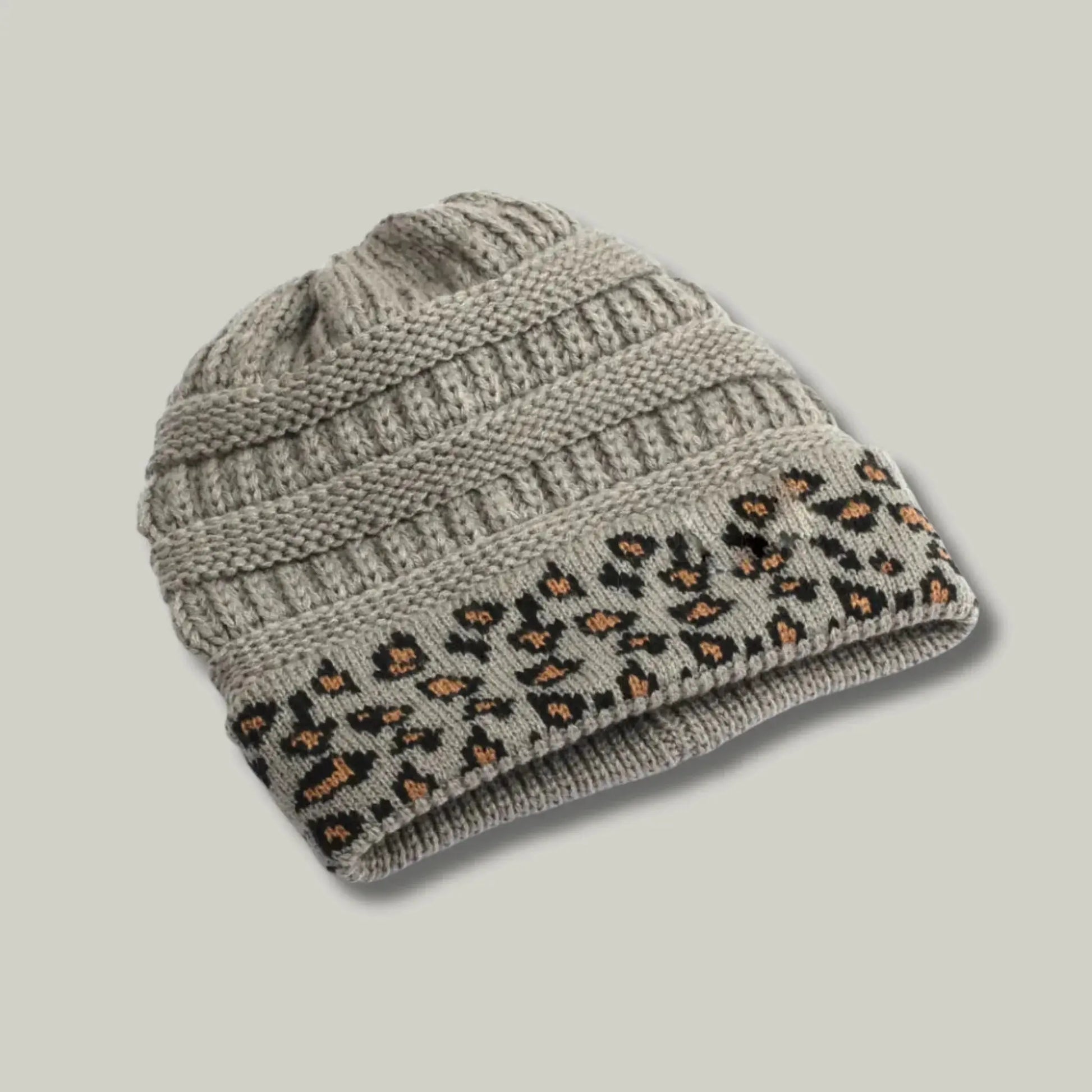 Bonnet Tricot Femme Gris Chiné Revers Imprimé Léopard Maison Shelby