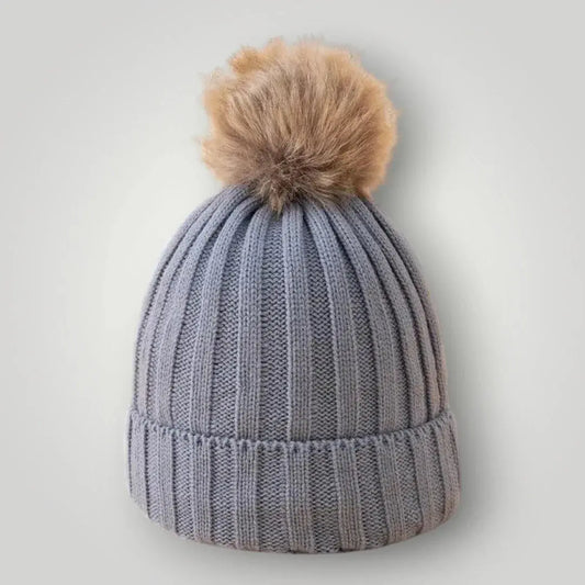 Bonnet Tricot Femme Gris Perle Pompon Fourrure Naturelle Maison Shelby
