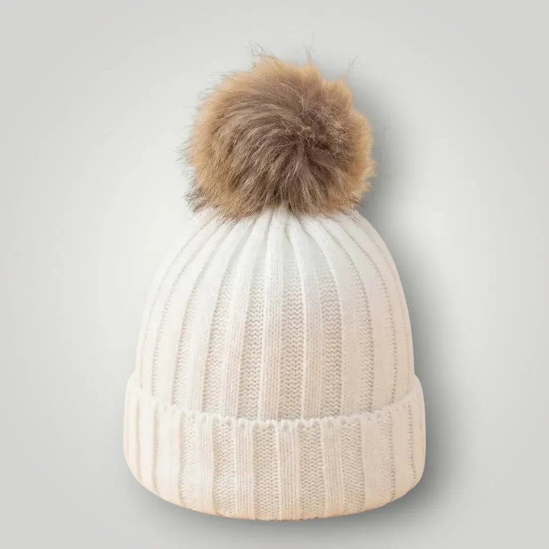 Bonnet Tricot Femme Ivoire Pompon Fourrure Naturelle Maison Shelby