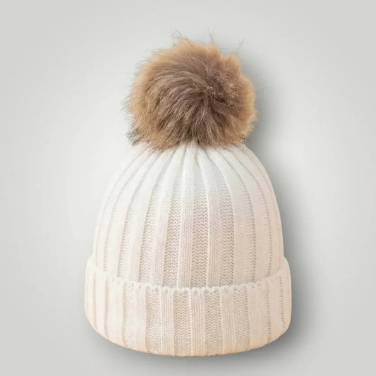 Bonnet Tricot Femme Ivoire Pompon Fourrure Naturelle Maison Shelby