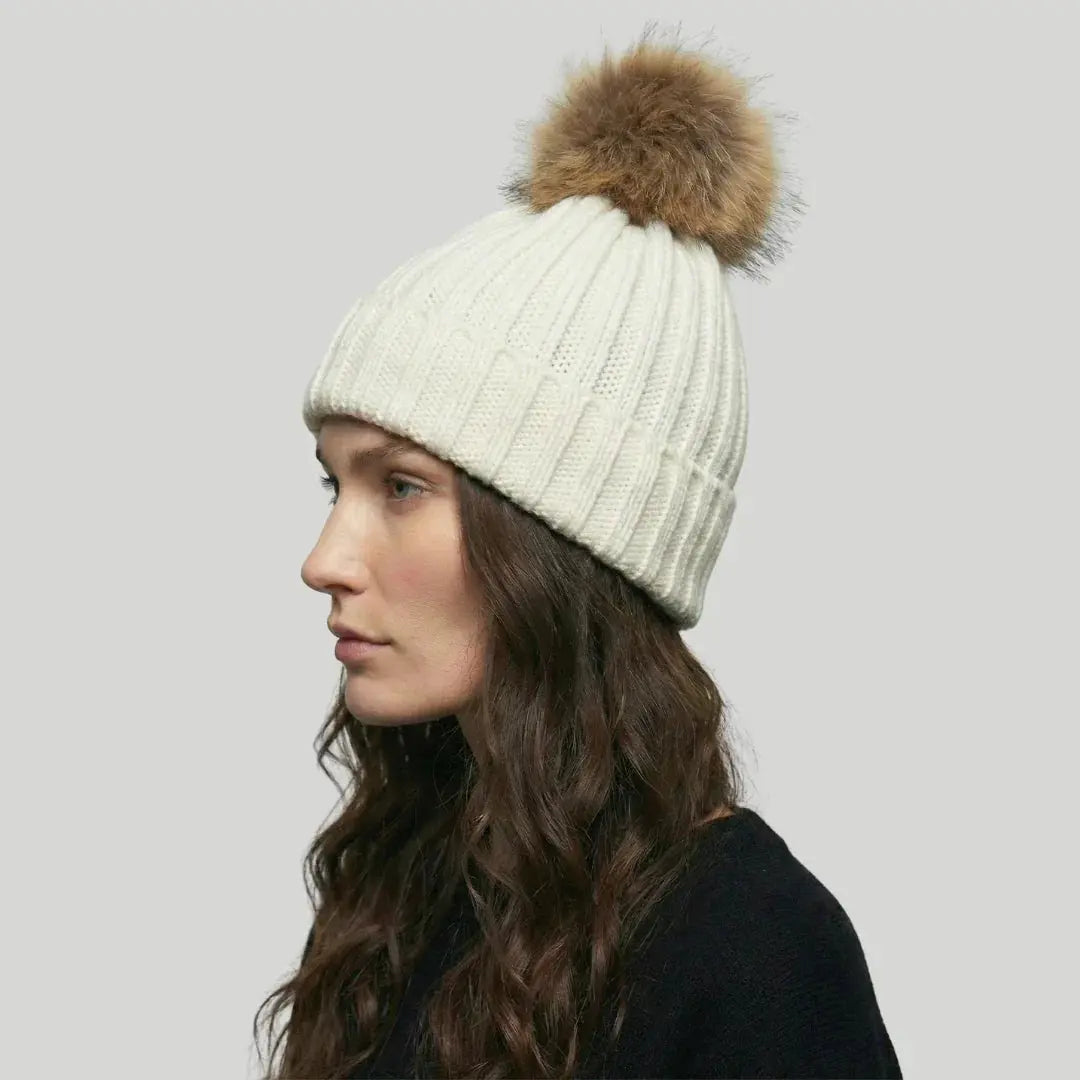 Bonnet Tricot Femme Ivoire Pompon Fourrure Naturelle Maison Shelby