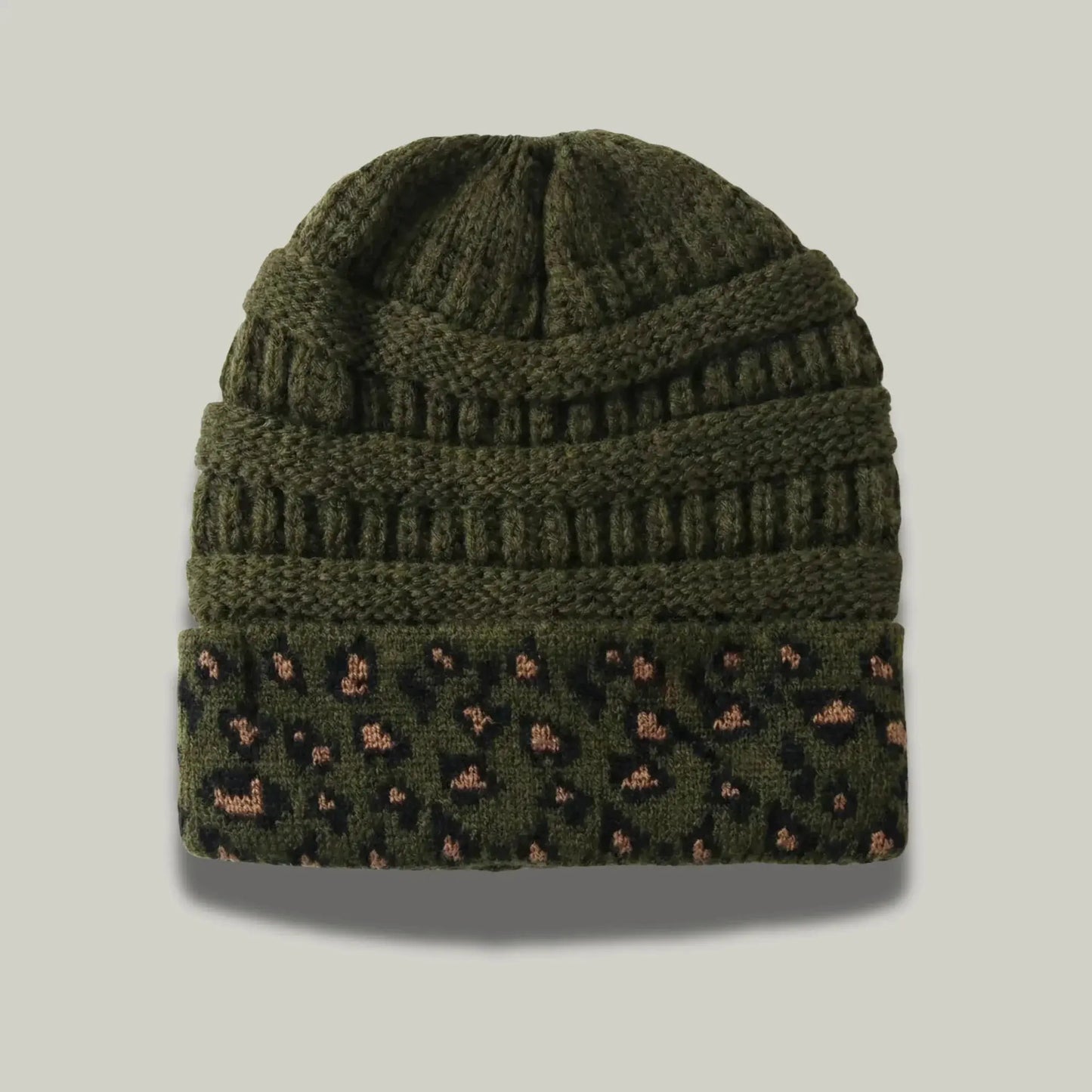 Bonnet Tricot Femme Kaki Revers Imprimé Léopard Maison Shelby