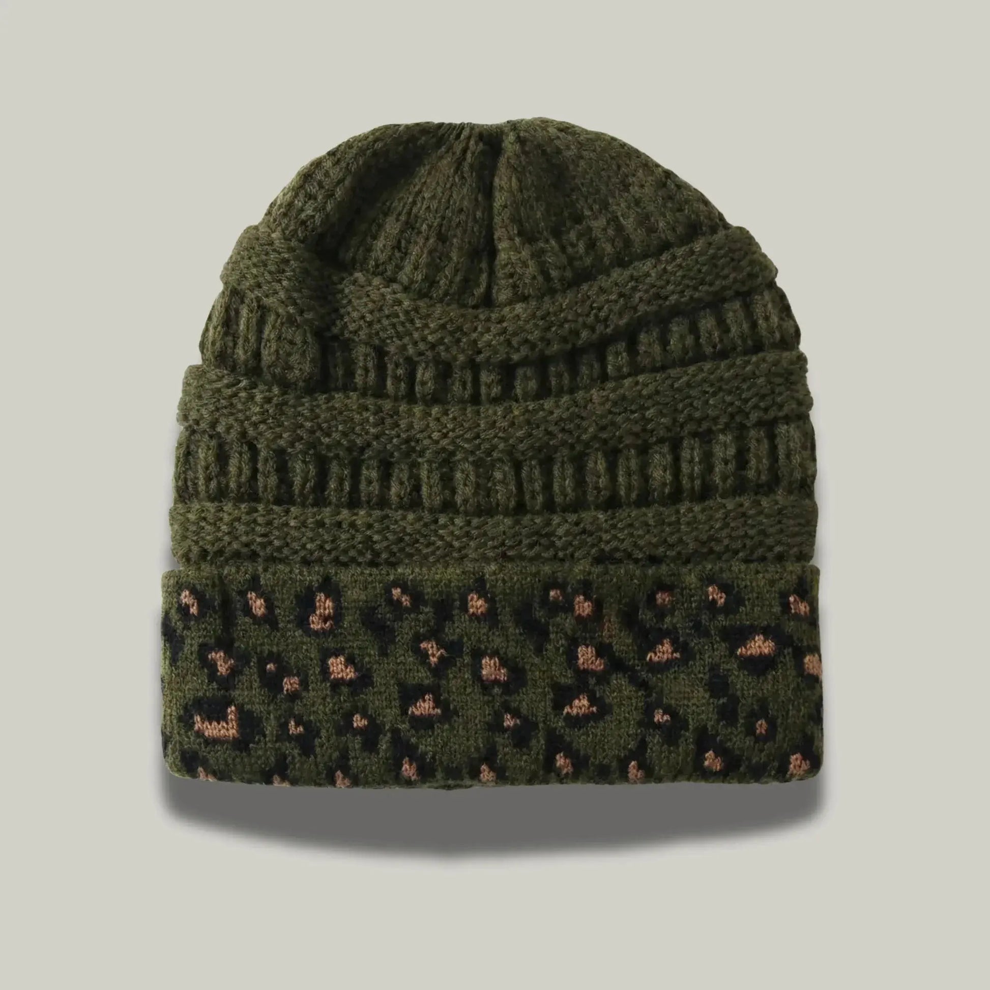 Bonnet Tricot Femme Kaki Revers Imprimé Léopard Maison Shelby