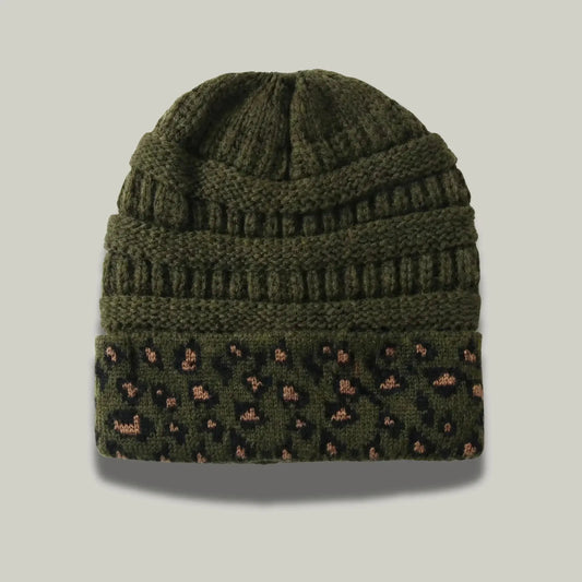 Bonnet Tricot Femme Kaki Revers Imprimé Léopard Maison Shelby