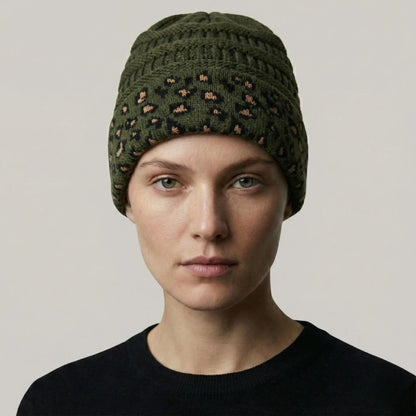 Bonnet Tricot Femme Kaki Revers Imprimé Léopard Maison Shelby
