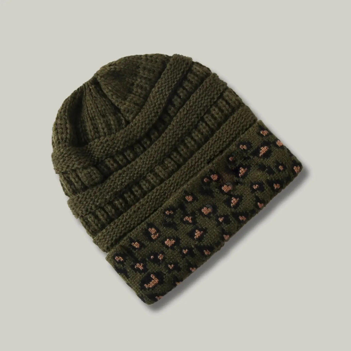 Bonnet Tricot Femme Kaki Revers Imprimé Léopard Maison Shelby