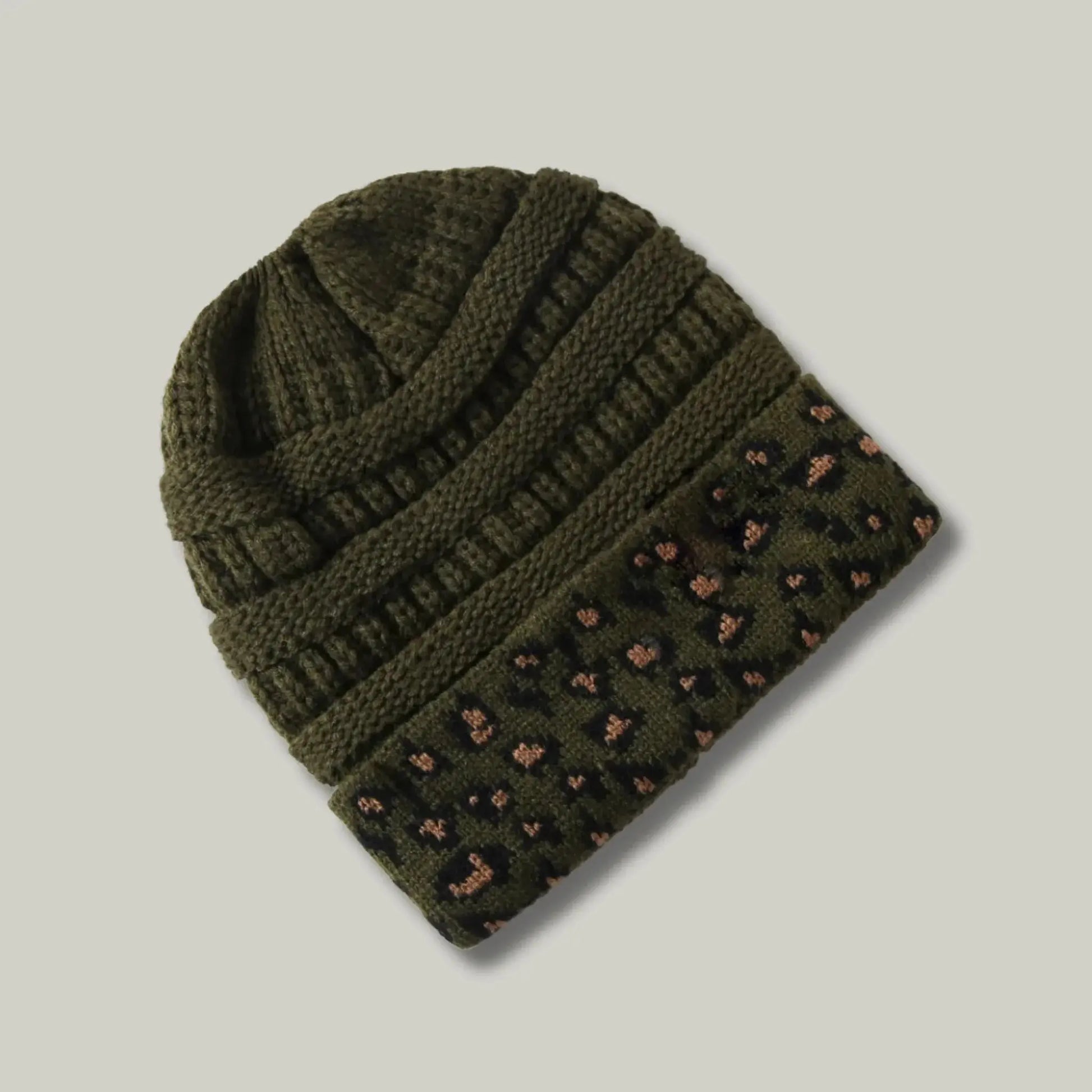 Bonnet Tricot Femme Kaki Revers Imprimé Léopard Maison Shelby