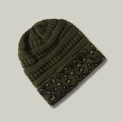 Bonnet Tricot Femme Kaki Revers Imprimé Léopard Maison Shelby