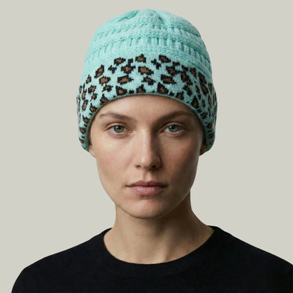 Bonnet Tricot Femme Menthe Revers Imprimé Léopard Maison Shelby