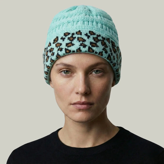Bonnet Tricot Femme Menthe Revers Imprimé Léopard Maison Shelby