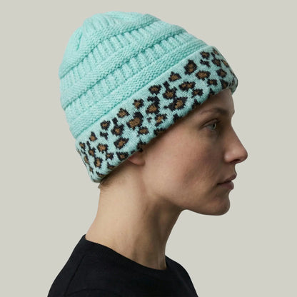 Bonnet Tricot Femme Menthe Revers Imprimé Léopard Maison Shelby