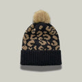 Bonnet Tricot Femme Noir Imprimé Léopard Pompon Fourrure