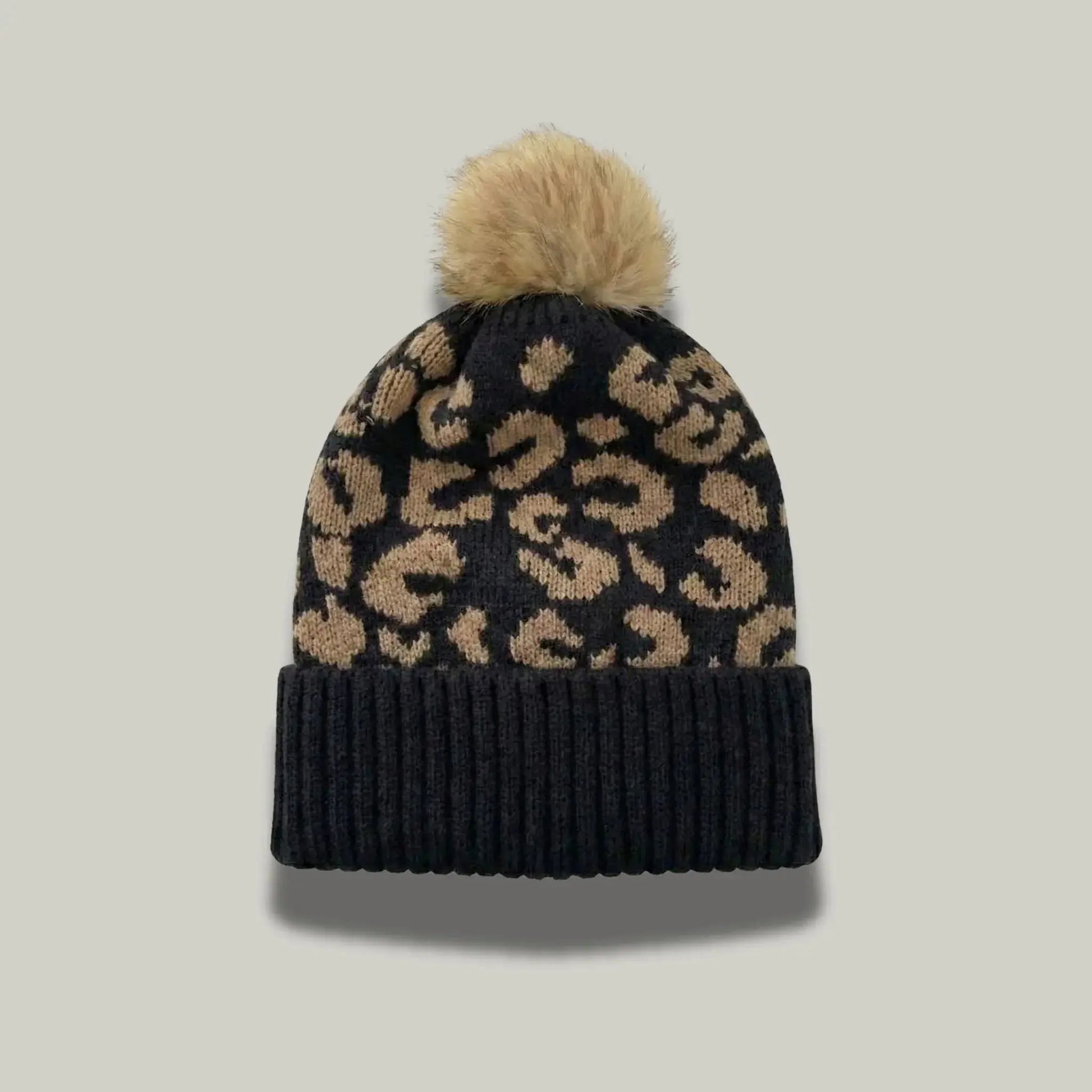 Bonnet Tricot Femme Noir Imprimé Léopard Pompon Fourrure Maison Shelby