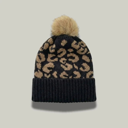 Bonnet Tricot Femme Noir Imprimé Léopard Pompon Fourrure Maison Shelby