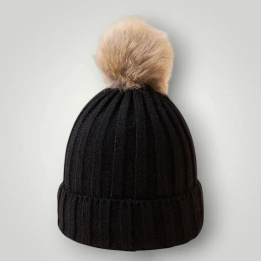 Bonnet Tricot Femme Noir Pompon Fourrure Naturelle Maison Shelby