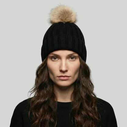 Bonnet Tricot Femme Noir Pompon Fourrure Naturelle Maison Shelby