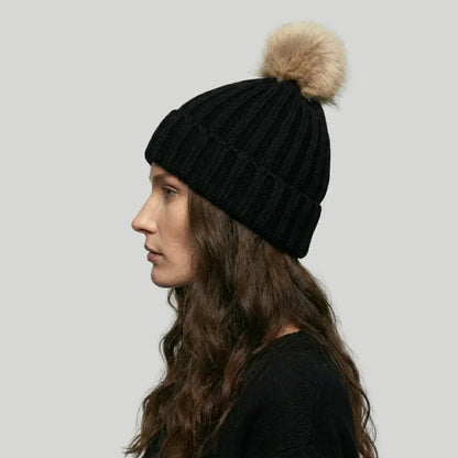 Bonnet Tricot Femme Noir Pompon Fourrure Naturelle Maison Shelby